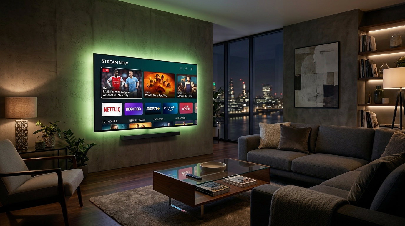 Interface de streaming moderna exibindo filmes e esportes em uma TV de última geração